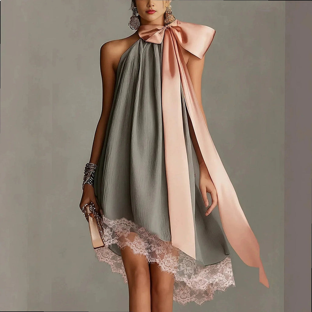 High Neck Irregular Chiffon Dress Dresses Tie Bow Flowy Long Dress Spring Summer LADYLYS