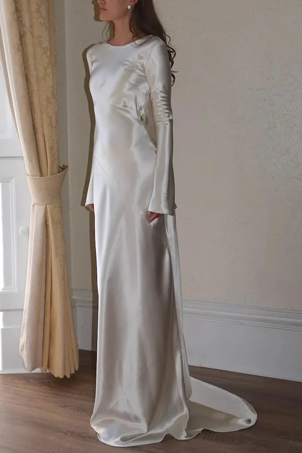 Ivory Backless Mermaid Maxi Dress with Long Sleeves