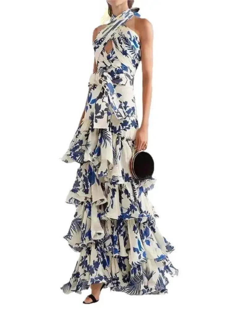 Elegant Womens Dress Floral Print Halter Neck Leace-up Off Shoulder LADYLYS