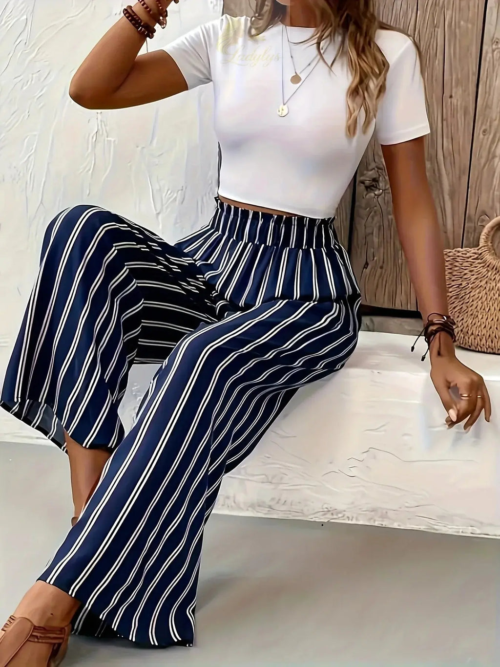 Striped Wide-Leg Pants Women loose Casual LADYLYS