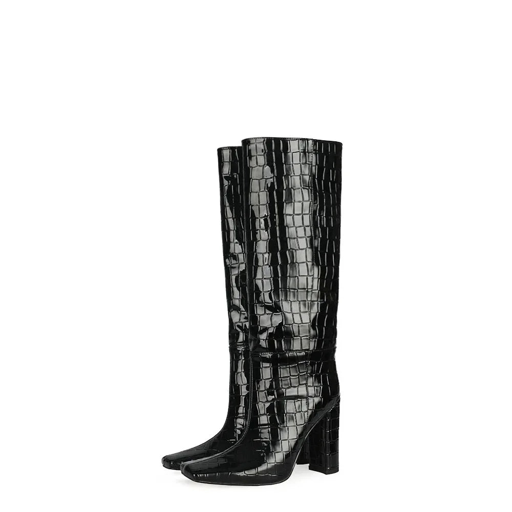Women's Patent Leather Knee-High Boots – Thick Square Heel Slip-On Winter Boots in 21 Colours