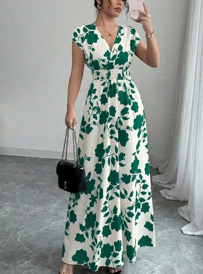 Printed V-Neck Short Sleeve Midi Dress – Lace-Up Waist Casual Summer Dress