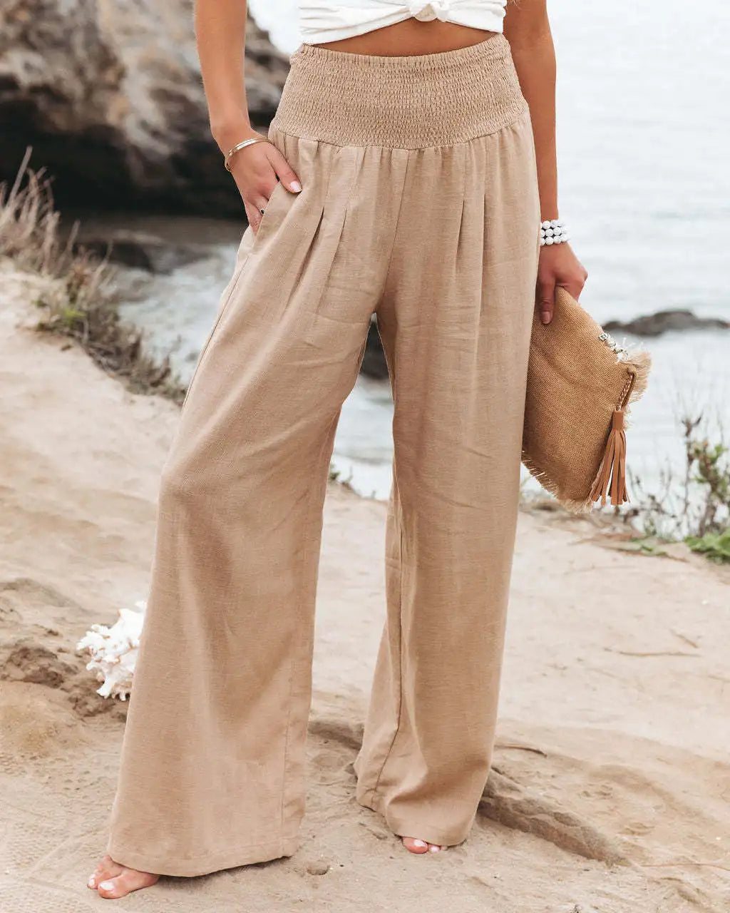 Women's High-Waist Wide Leg Pants — Drawstring Elastic Waist | Casual Beach Trousers | Plus Size