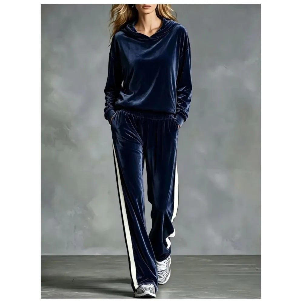 Women's 2-Piece Hooded Sweatshirt & Trouser Set – Patchwork, Casual Loose Fit