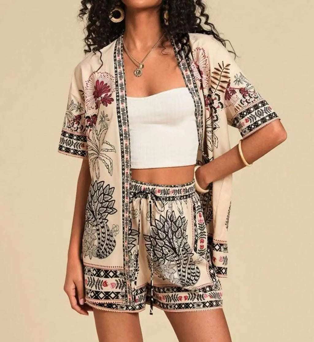 Casual Printed Cardigan Short-sleeved Top Shorts Two-piece Set LADYLYS