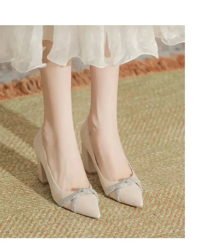 Chunky Heel Pointed Toe Rhinestone Suede High-heeled Shoes Women Block Heel Pumps LADYLYS