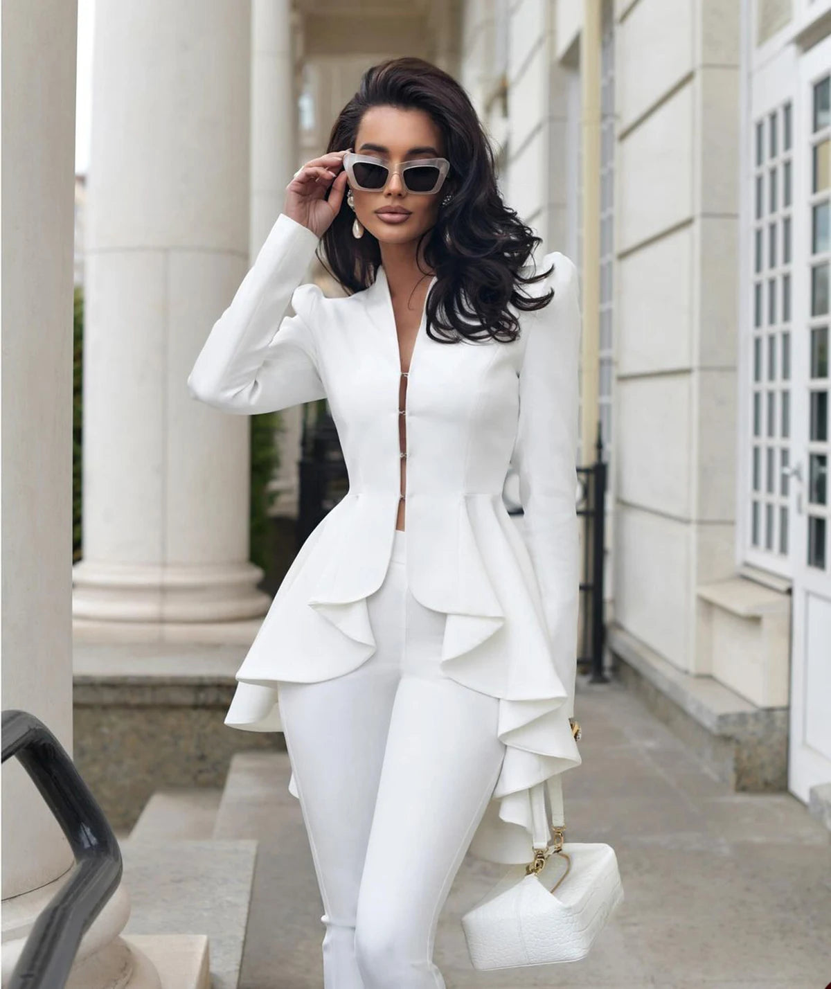 Cotton 2-Piece Women's Suit – Ruffle Hem Blazer & Pants | Formal Office, Prom & Wedding