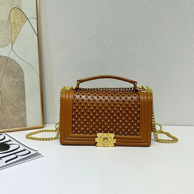 Luxury Designer Inlaid Pearls Lattice Embroidery Women's Shoulder Bag Fashion High-end Handbags Small Square Bag Versatile Purse LADYLYS