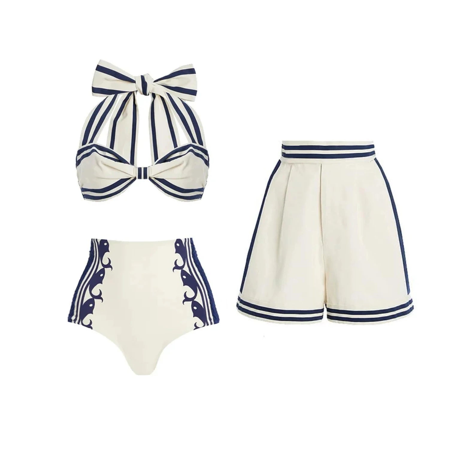 2Pcs Striped Swimsuit With Long Skirt Sexy Women Bikini Push Up Swimwear Halter LADYLYS