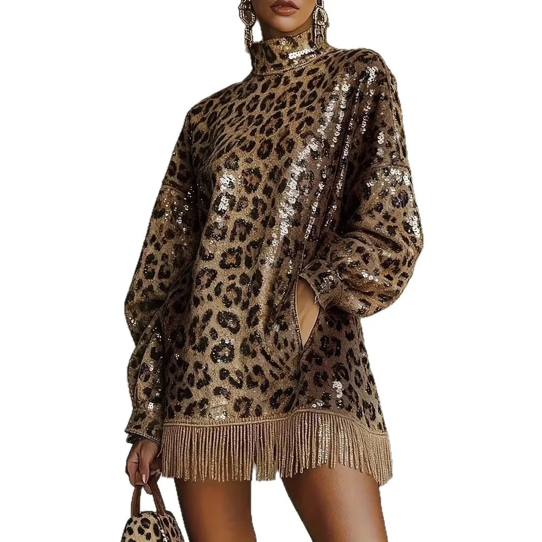 Women's Leopard-Print Tassel Turtleneck Dress