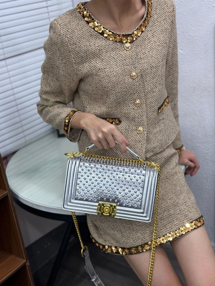 Luxury Designer Inlaid Pearls Lattice Embroidery Women's Shoulder Bag Fashion High-end Handbags Small Square Bag Versatile Purse LADYLYS