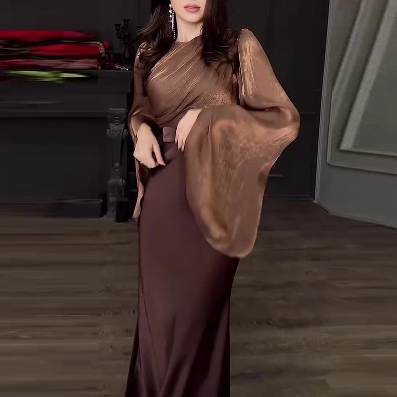 Women's Satin Long Dress – High-Waisted Slim Fit, Long Sleeve, Ankle-Length