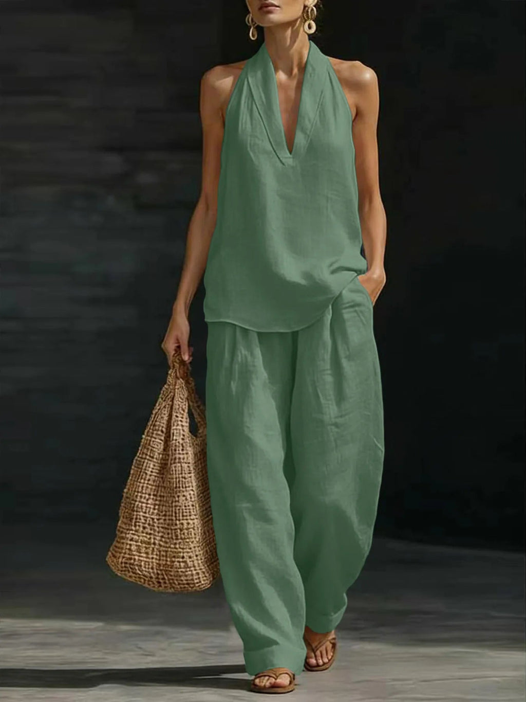 Women Linen 2 Piece Outfit Halter V Neck Sleeveless Tank Top Wide Leg Pants LADYLYS