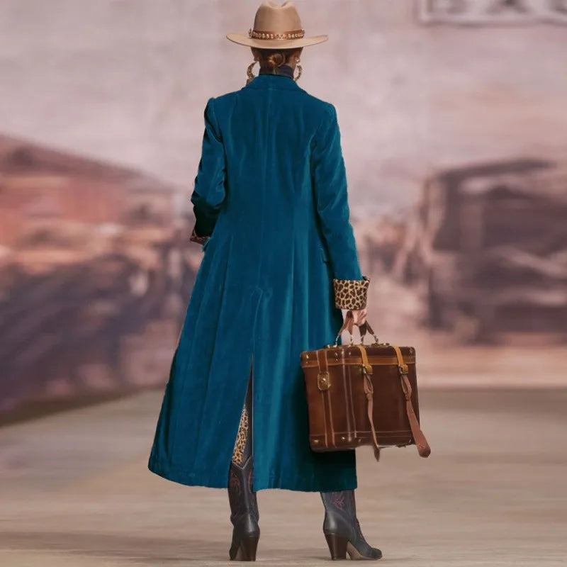 Women's Vintage Velvet Long Coat with Leopard Print Lining