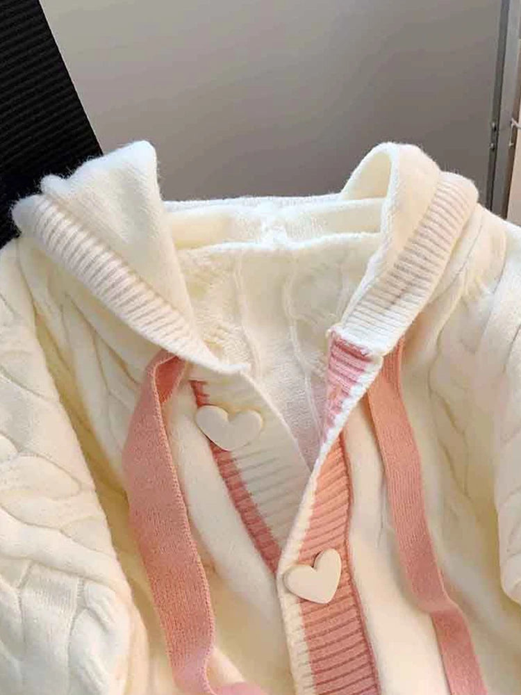 Women's White Hooded Knit Cardigan, Loose Fit