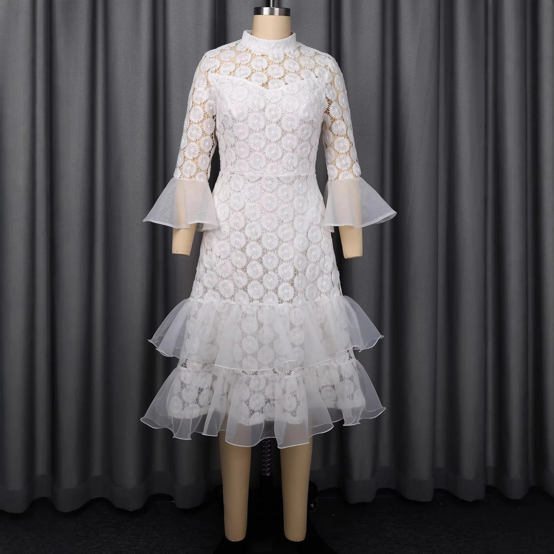 Tiered Dresses Solid Hollow Out Mid Calf Lenth Flared LADYLYS