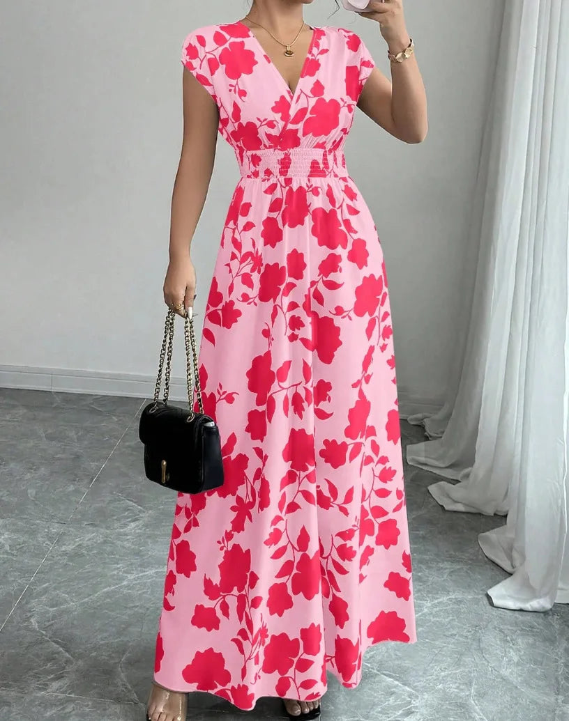 Printed V-Neck Short Sleeve Midi Dress – Lace-Up Waist Casual Summer Dress