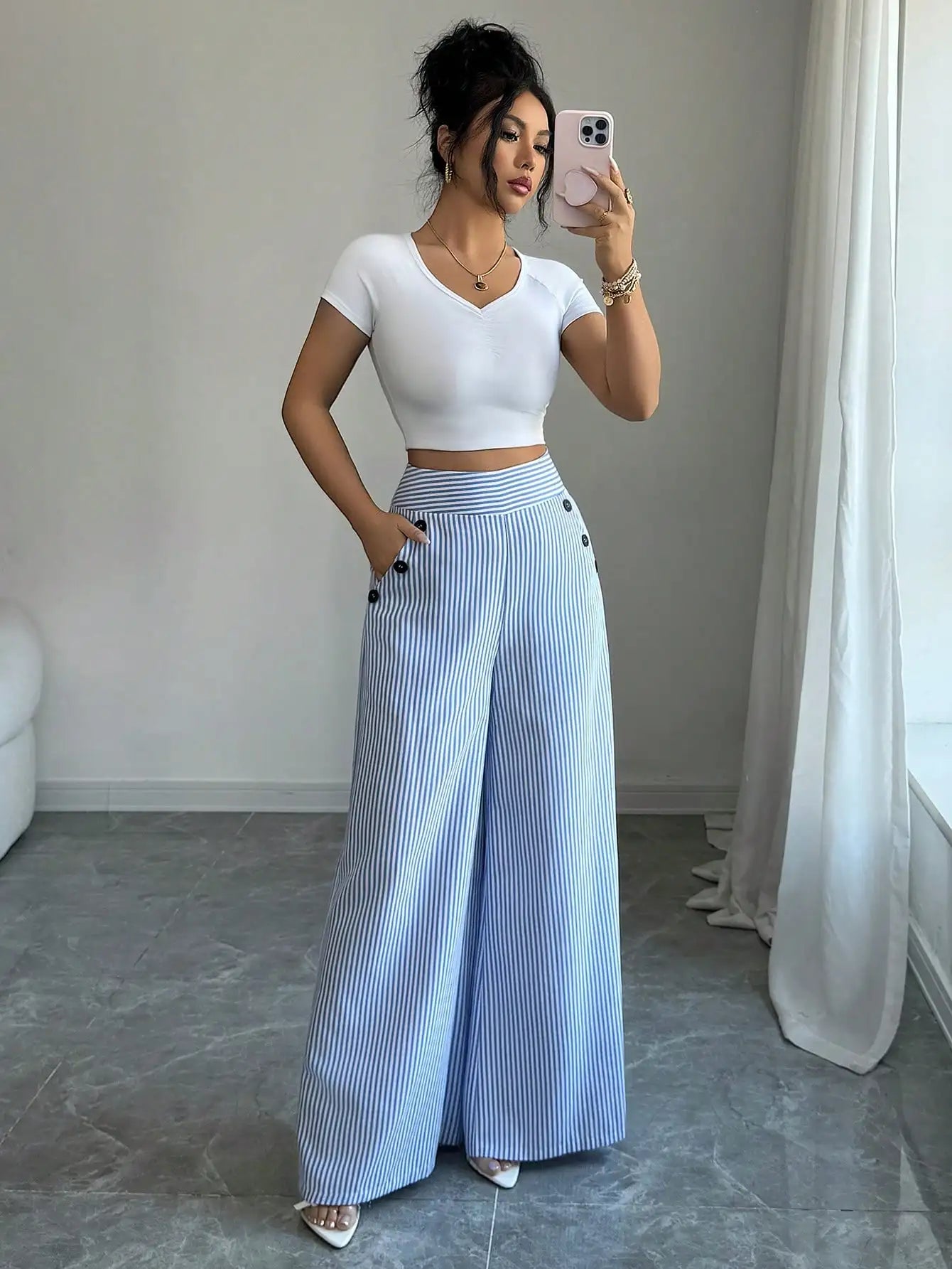 Women's Striped High-Waist Wide-Leg Pants