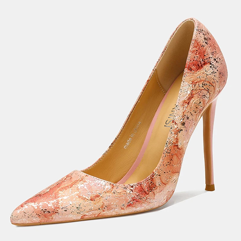 Women Cowhide High Heel Shoes Printed Leather Versatile Pumps LADYLYS