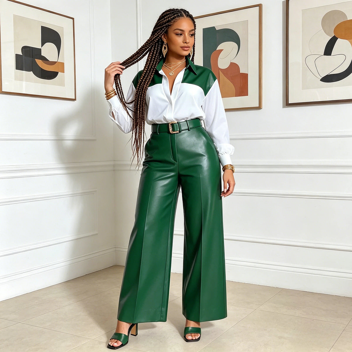 Women's 2-Piece Set: Long Sleeve Shirt and Wide-Leg Faux Leather Trousers