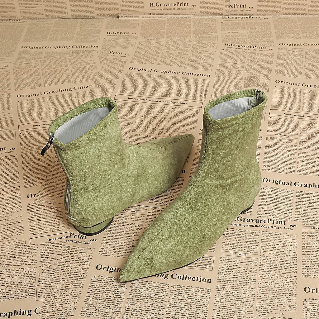 Women's Faux Suede Pointed Toe Mid-Calf Boots – Warm Flannel Lining, Low Heel
