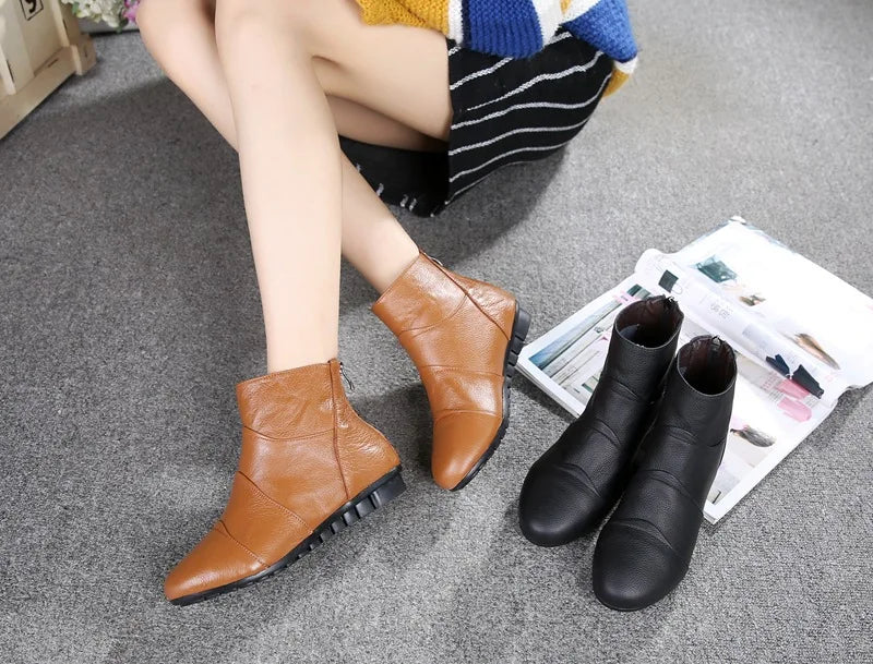 Women's Genuine Leather Platform Ankle Boots – Zip-Up Wedge Booties with Plush Option