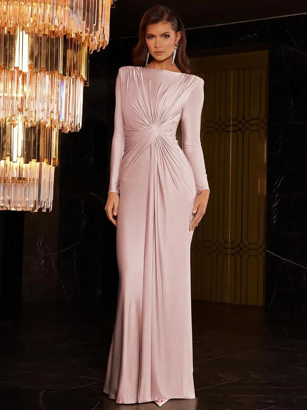 Ruched Bodycon Maxi Dress with Long Sleeves and Fishtail Hem