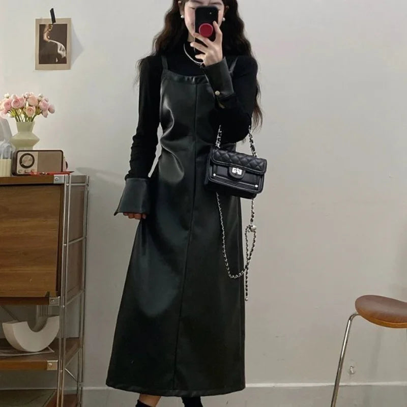 Women's Black PU Leather Dress – Faux Two-Piece A-Line, Long Sleeve, Midi Length