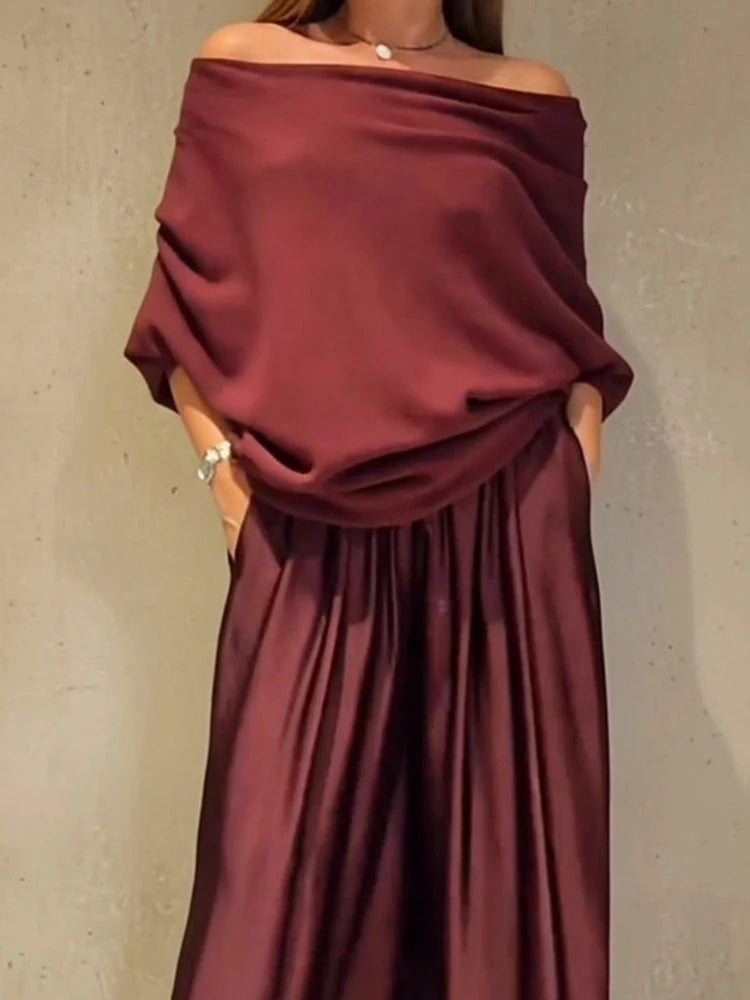 Elegant Slash Collar Off Shoulder Top&Satin Wide Leg Pants Sets Fashion Irregular Solid LADYLYS