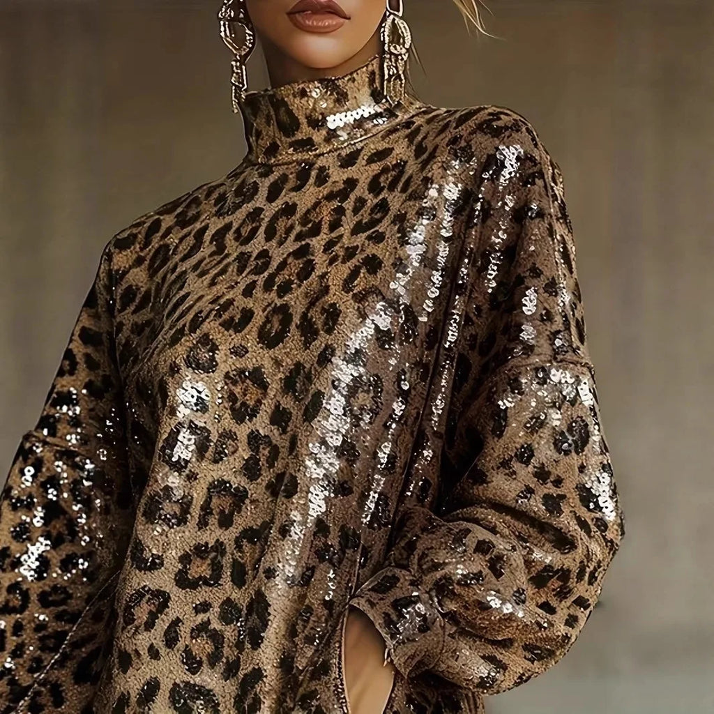 Women's Leopard-Print Tassel Turtleneck Dress