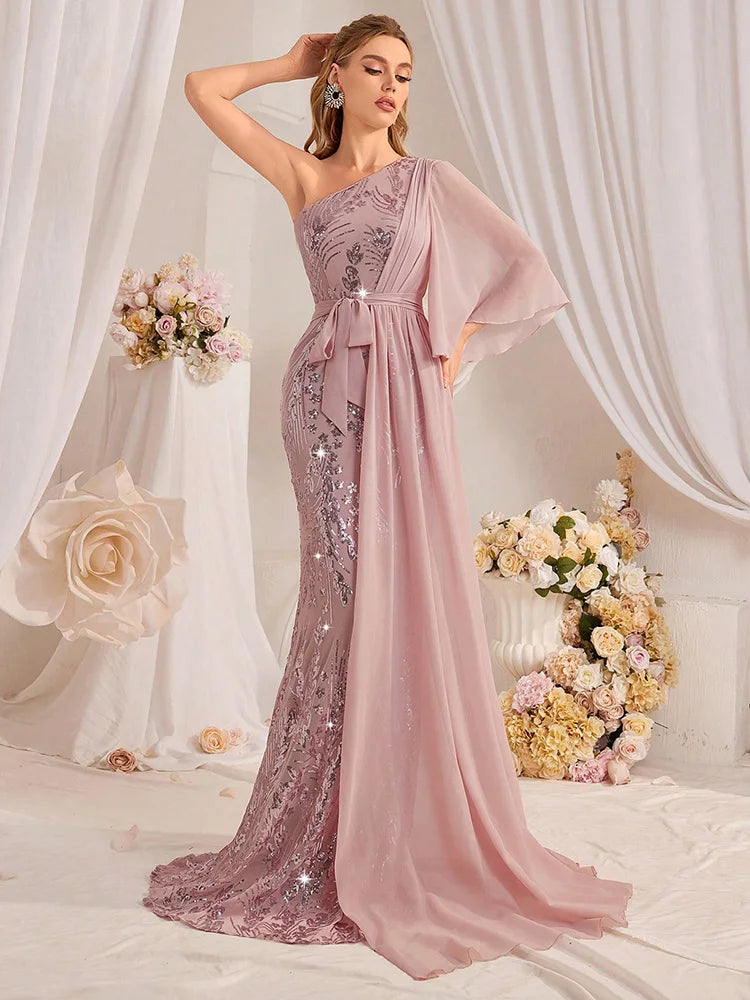 Sequin One-Shoulder Maxi Gown – Sparkle Patchwork A-Line | Luxury Formal Evening Dress