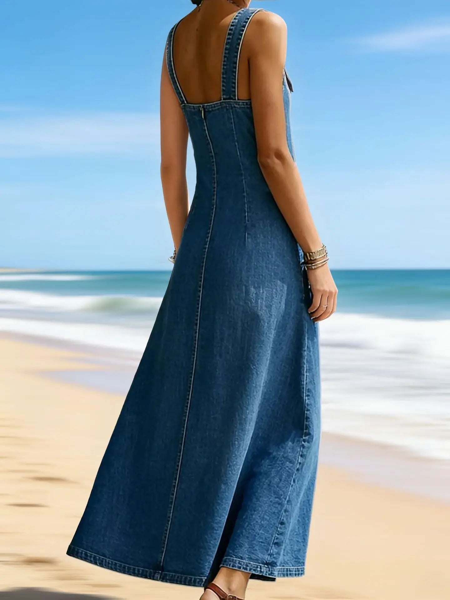 Women Denim Suspender Dress Sleeveless Overall Dresses Distressed Backless V Neck Button Washed Vestidos Summer Sundress A Line LADYLYS