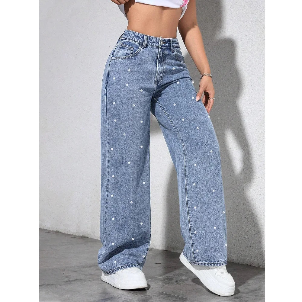 Women's High-Waist Straight-Leg Jeans with Beaded Details