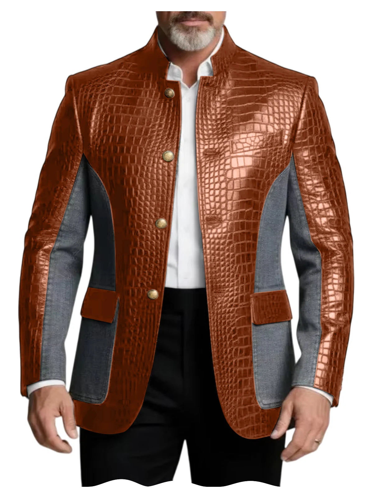 Men's Crocodile Embossed Leather Brown Jacket Patchwork Denim Luxury PU LADYLYS