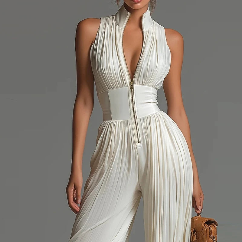 Elegant Lady Zipper Wide Leg Playsuits Stand Collar High Waist Pleat Jumpsuit LADYLYS