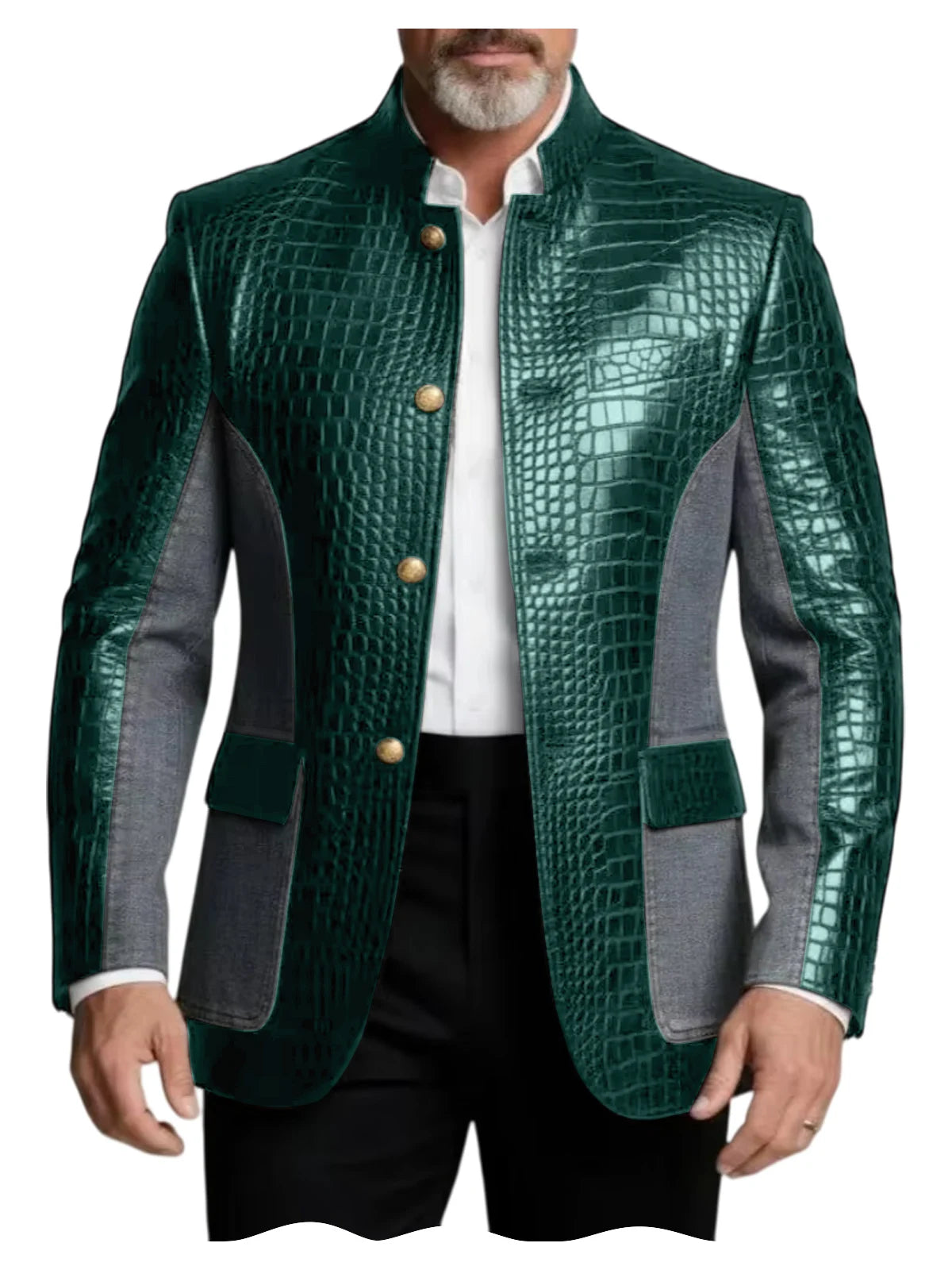 Men's Crocodile Embossed Leather Brown Jacket Patchwork Denim Luxury PU LADYLYS