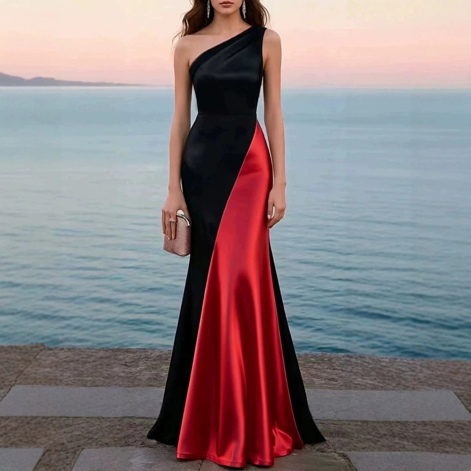 Women's Luxury Satin One-Shoulder Mermaid Gown — Black & Red Patchwork Evening Dress