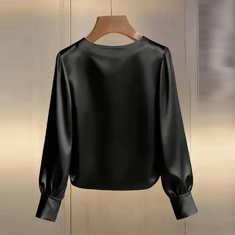 Elegant Satin Shirt Women Spring Autumn Bead Design Long Sleeve Silk Blouse Women Fashion O Neck Loose Pullover Tops LADYLYS