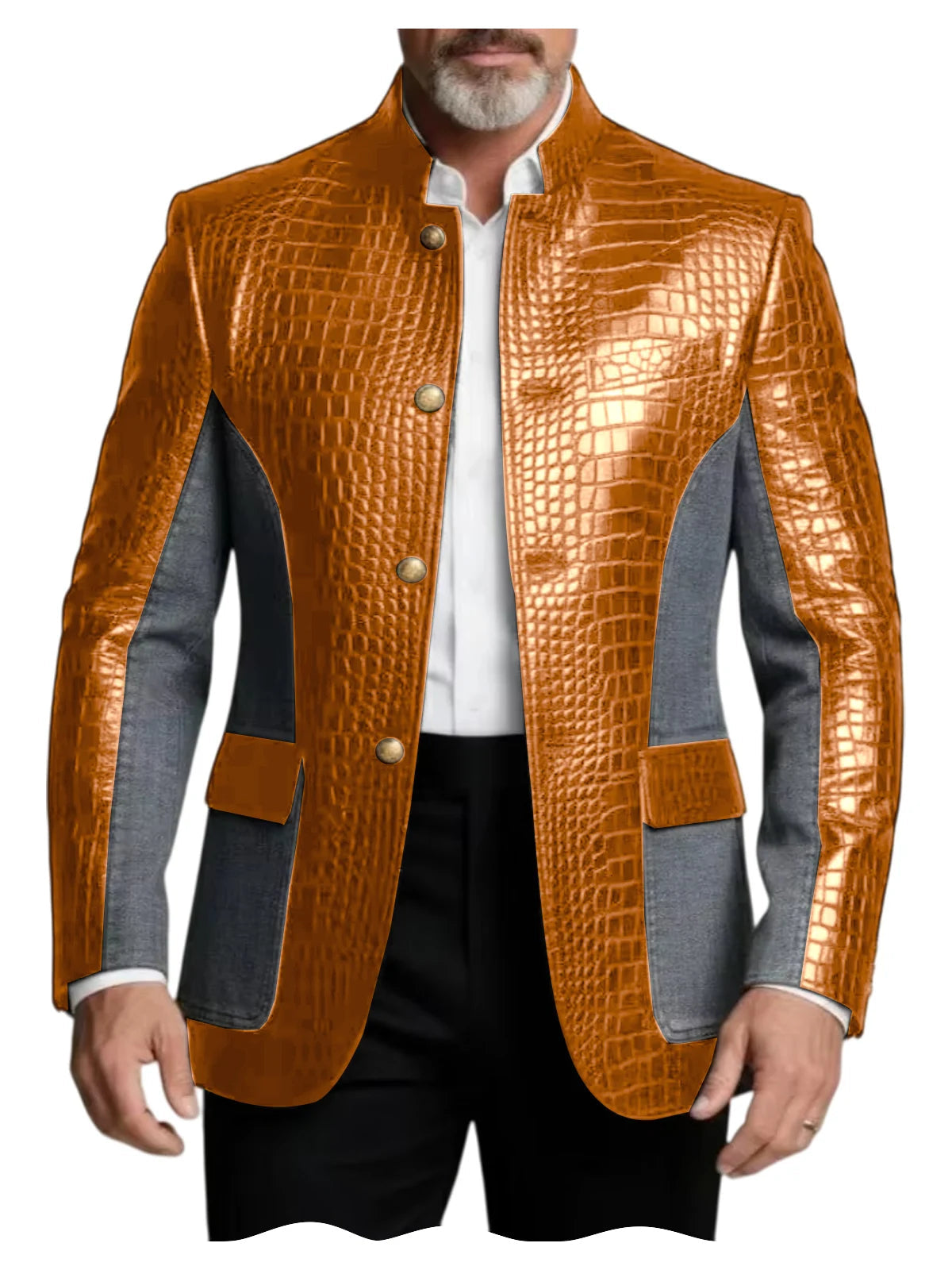 Men's Crocodile Embossed Leather Brown Jacket Patchwork Denim Luxury PU LADYLYS