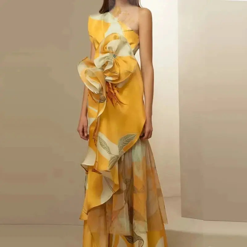 Floral Print Dress Ladies Elegant Diagonal Collar Long Dress LADYLYS