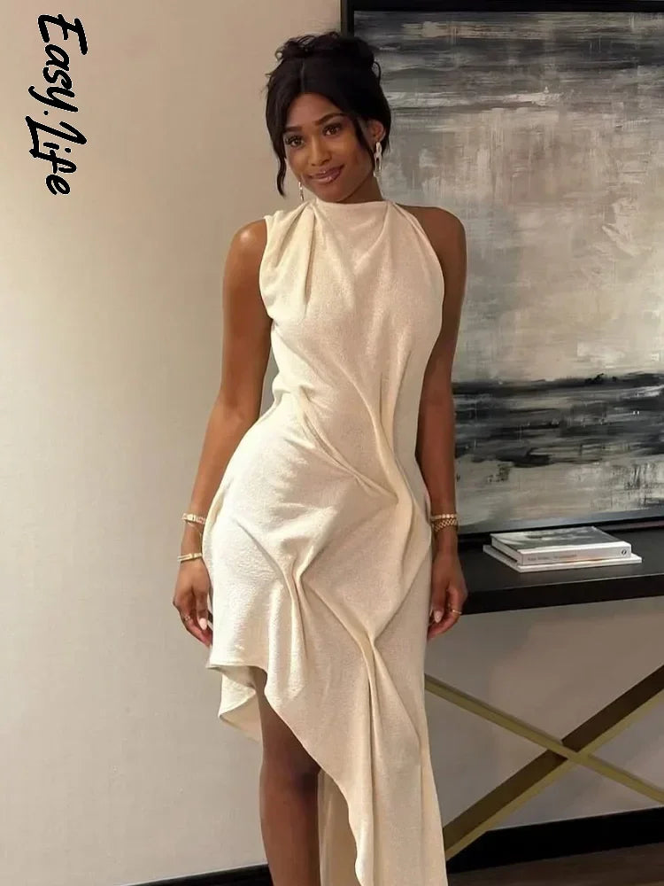Asymmetrical Ruched Halter Mini Dress – Sleeveless Elegant Evening Party Dress