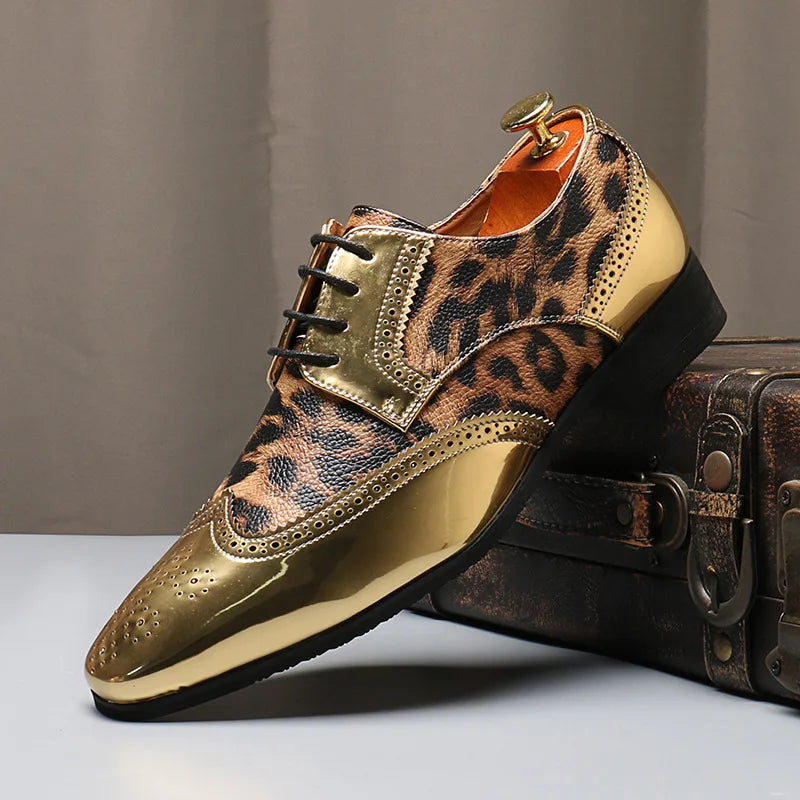 Men's Luxury Leopard Print Oxford Shoes — Gold & Silver Brogues LADYLYS