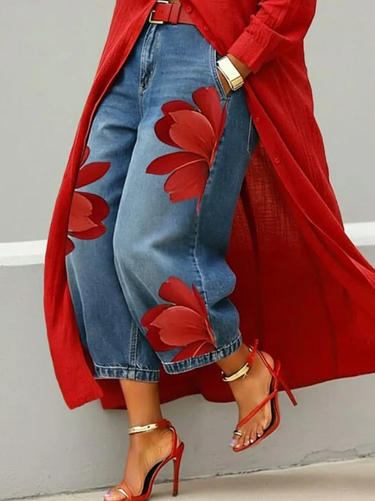 Women's Chic Printed Patchwork Straight Trousers | Loose Office Casual Pants