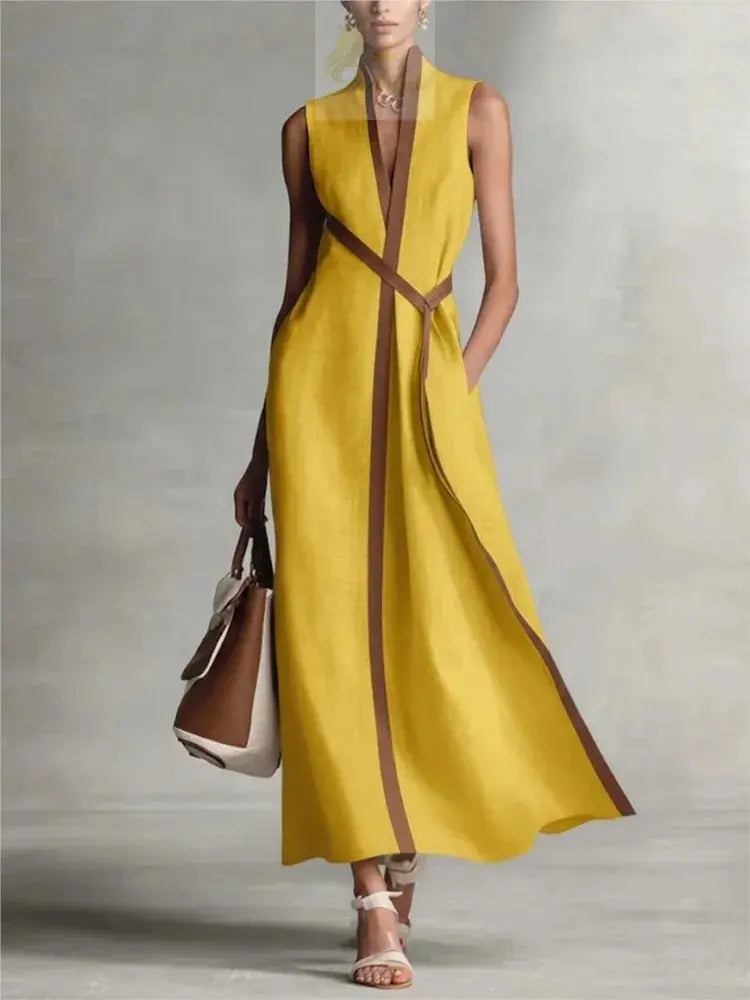 Retro Striped Splicing Cotton Linen Sleeveless Women's Dress Temperament LADYLYS