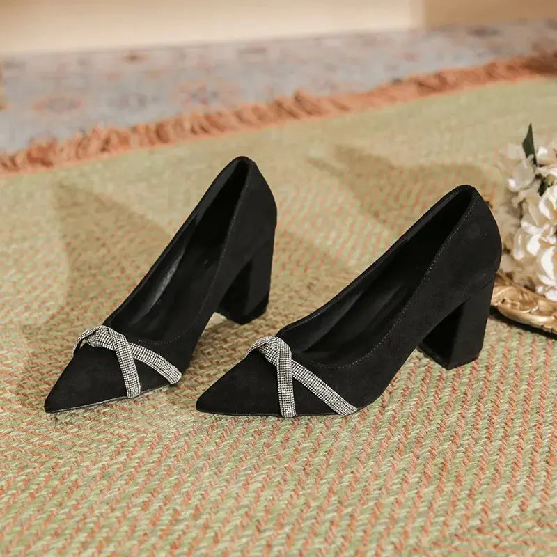 Chunky Heel Pointed Toe Rhinestone Suede High-heeled Shoes Women Block Heel Pumps LADYLYS