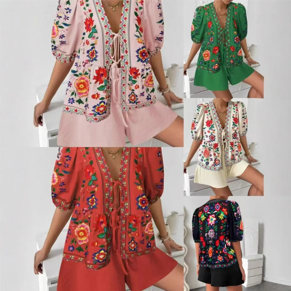 Printed Cardigan Short-sleeved Top Shorts 2-piece Set LADYLYS