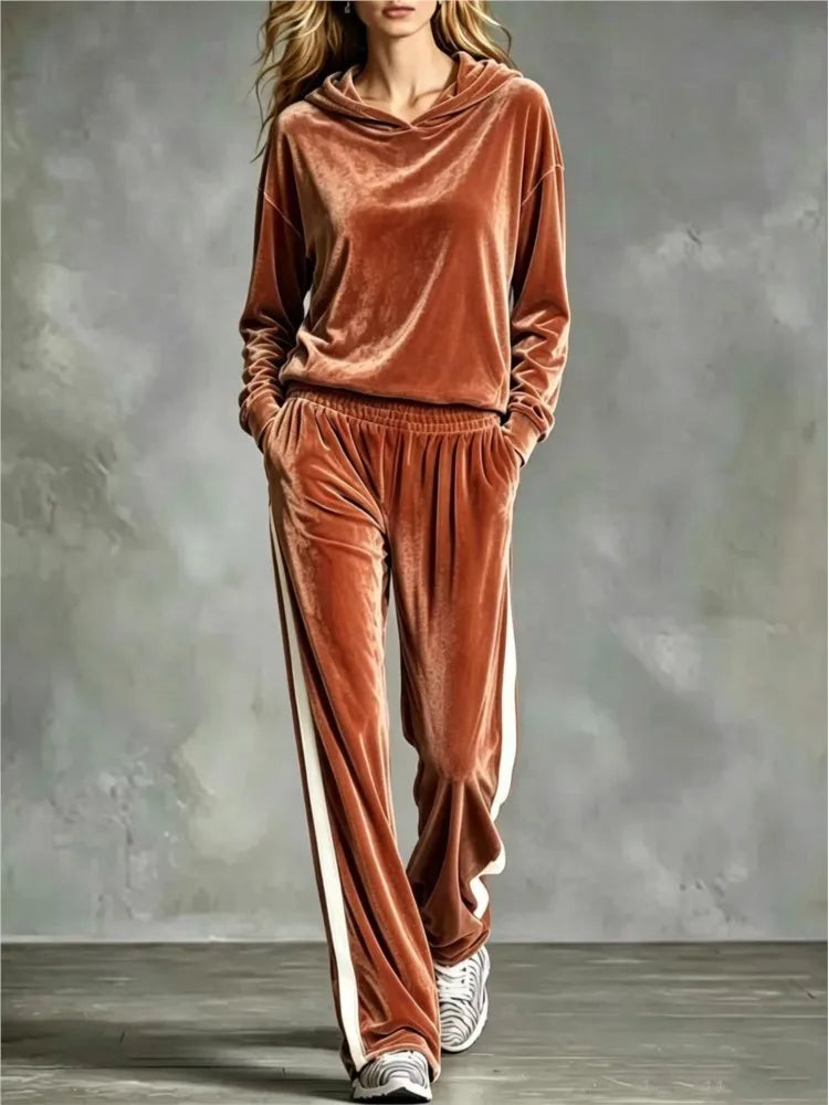 Women's 2-Piece Hooded Sweatshirt & Trouser Set – Patchwork, Casual Loose Fit