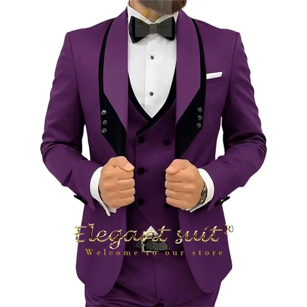 Men's black collar 3 piece suit (single button jacket vest and trousers)elegant slim fit tuxedo LADYLYS