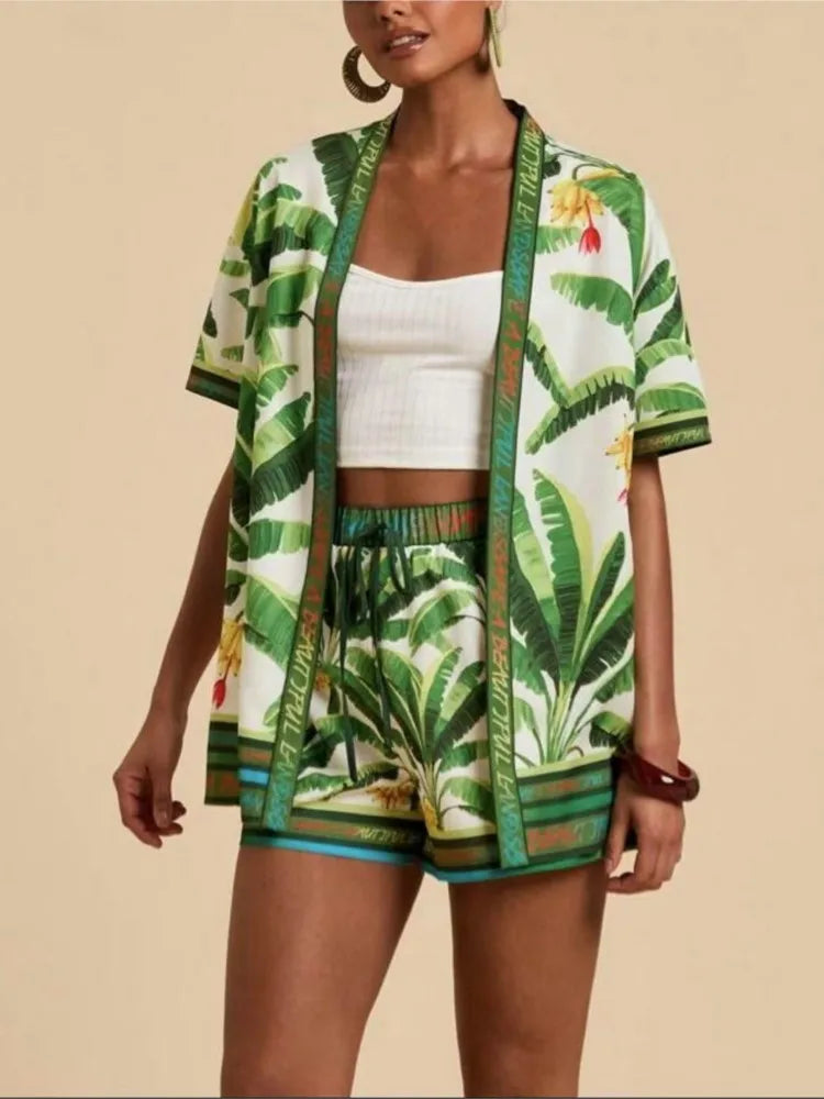 Casual Printed Cardigan Short-sleeved Top Shorts Two-piece Set LADYLYS