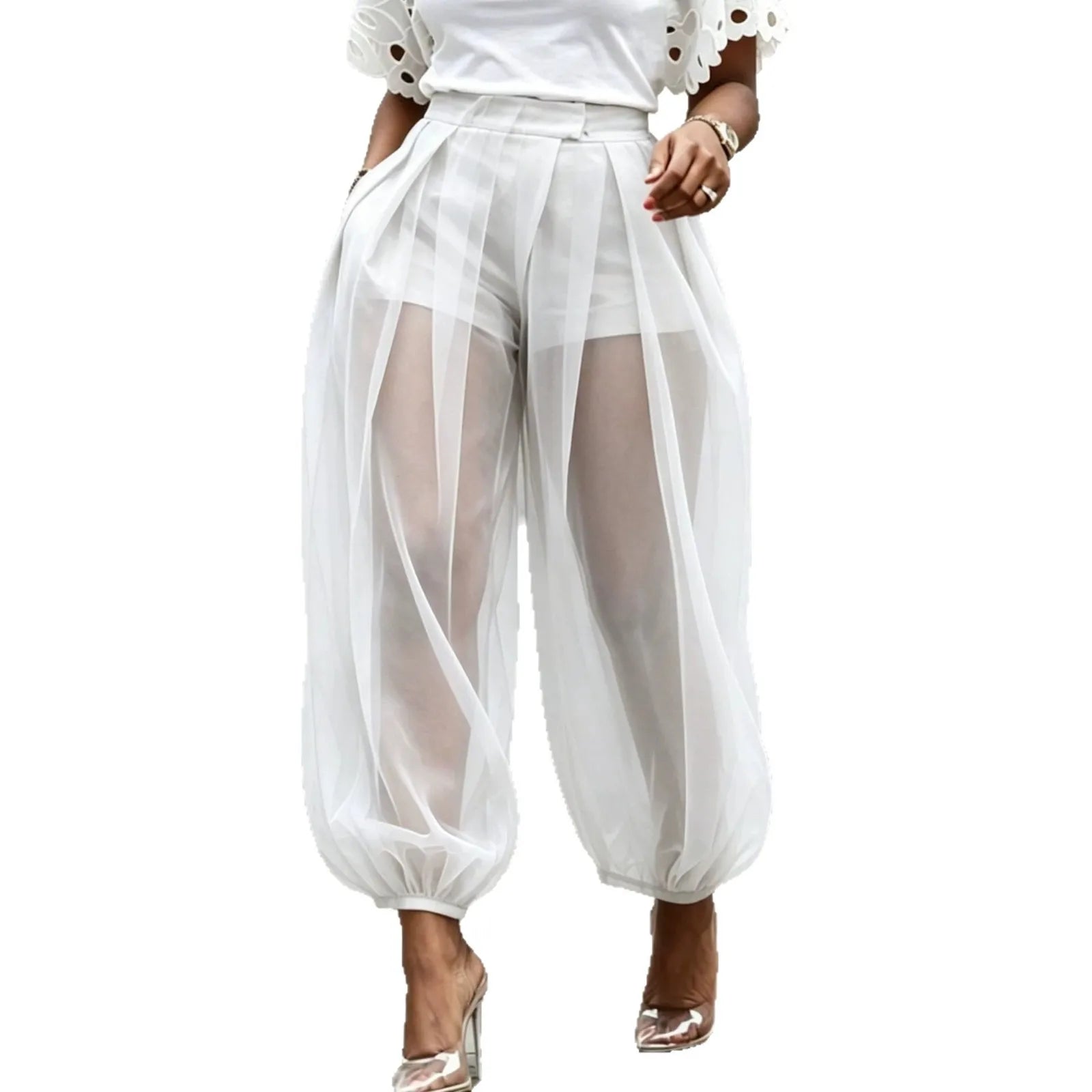 Women's Sheer Mesh Tulle Balloon Pants — High-Waist Elastic Cuff Bloomer Trousers | Elegant Casual